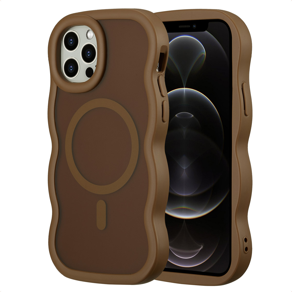 Een bruine telefoonhoes met een golvend design en een telefoon erin. De hoes heeft een cirkel en een rechthoek.