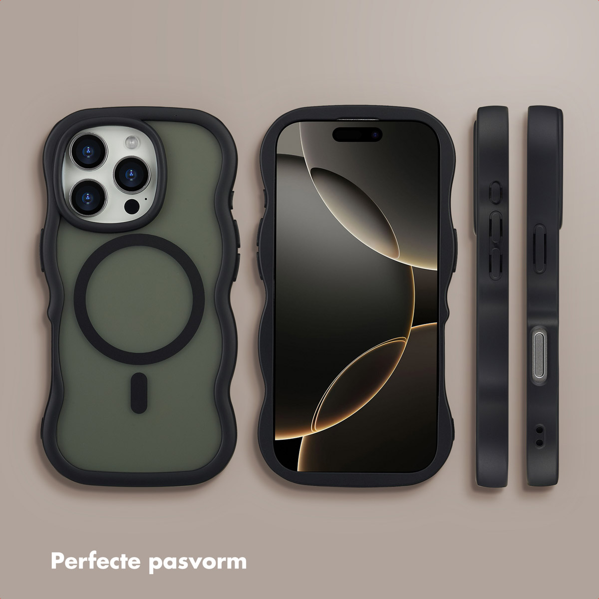 Trois coques de téléphone et un téléphone sont affichés. Les coques sont noires et vertes, et l'écran affiche un motif doré.