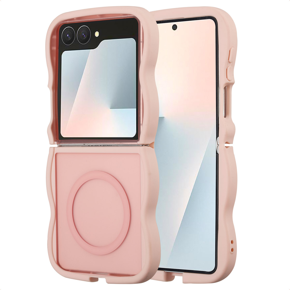 Een roze telefoonhoesje is open en toont een telefoon. De hoes heeft een golvend ontwerp. Het telefoonscherm is zichtbaar en toont een lichte achtergrond.