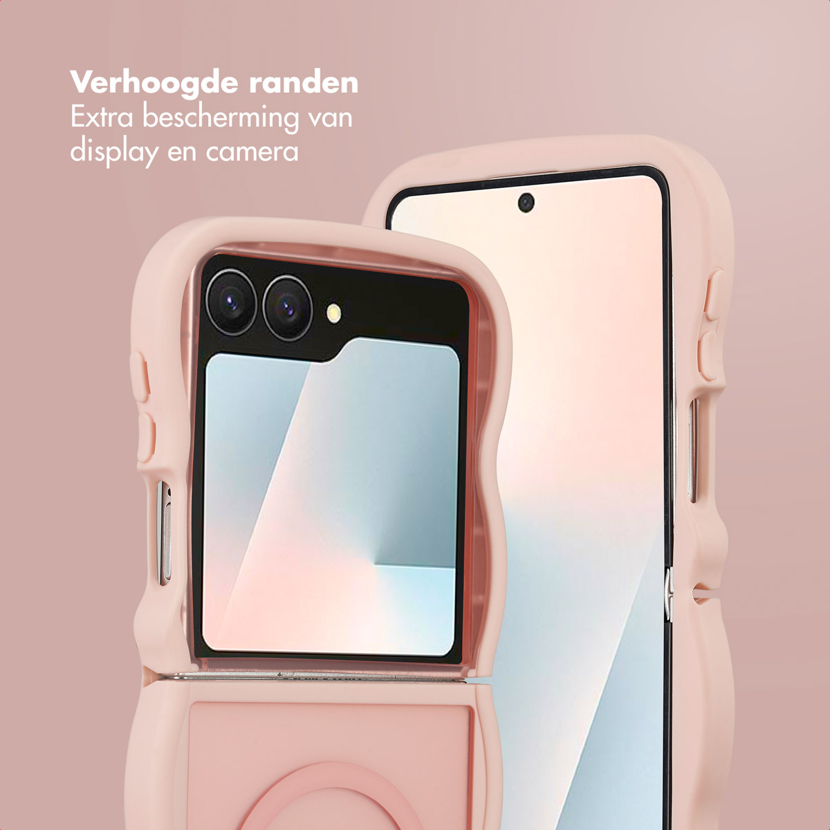 Twee roze telefoonhoesjes. Eén open, onthult scherm en camera. De andere gesloten. Tekst: Verhoogde randen, extra bescherming voor display en camera.