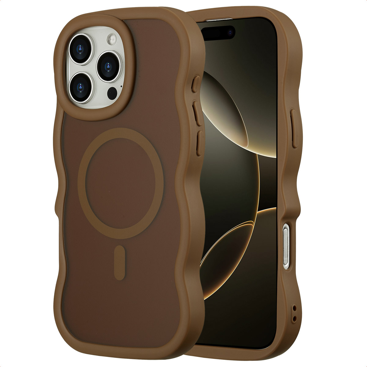 Viene mostrata una custodia per telefono marrone con un bordo ondulato. Ha un ritaglio per la fotocamera e un cerchio magnetico. Lo schermo del telefono è visibile.