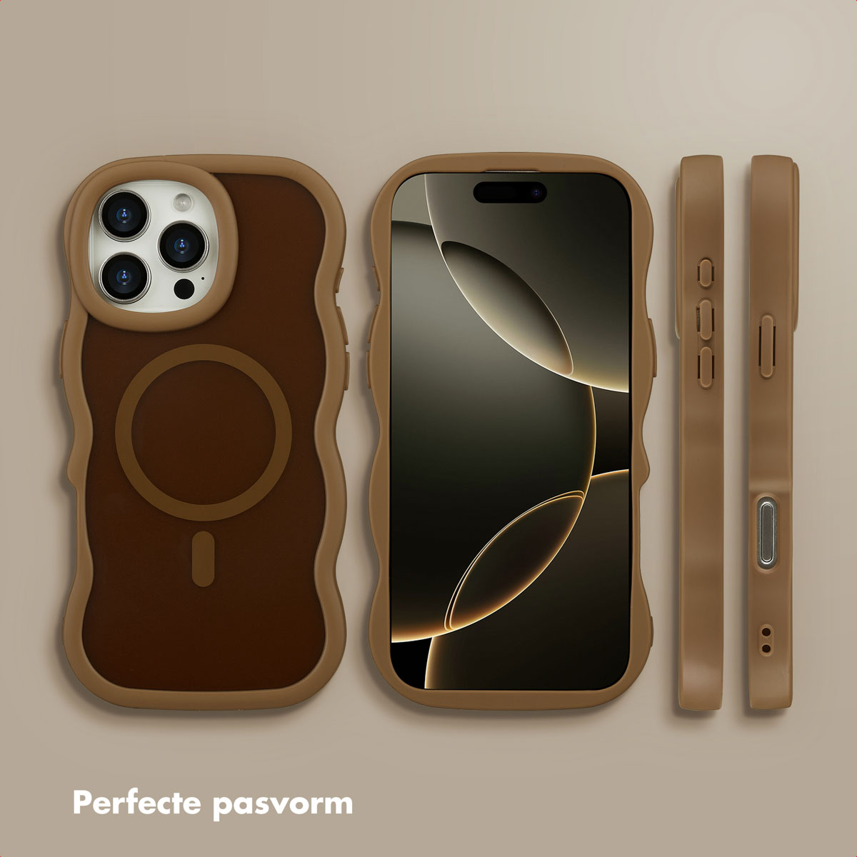 Set di custodie per telefono. Custodia marrone con bordi ondulati, telefono con schermo e pulsanti laterali. Sfondo beige.