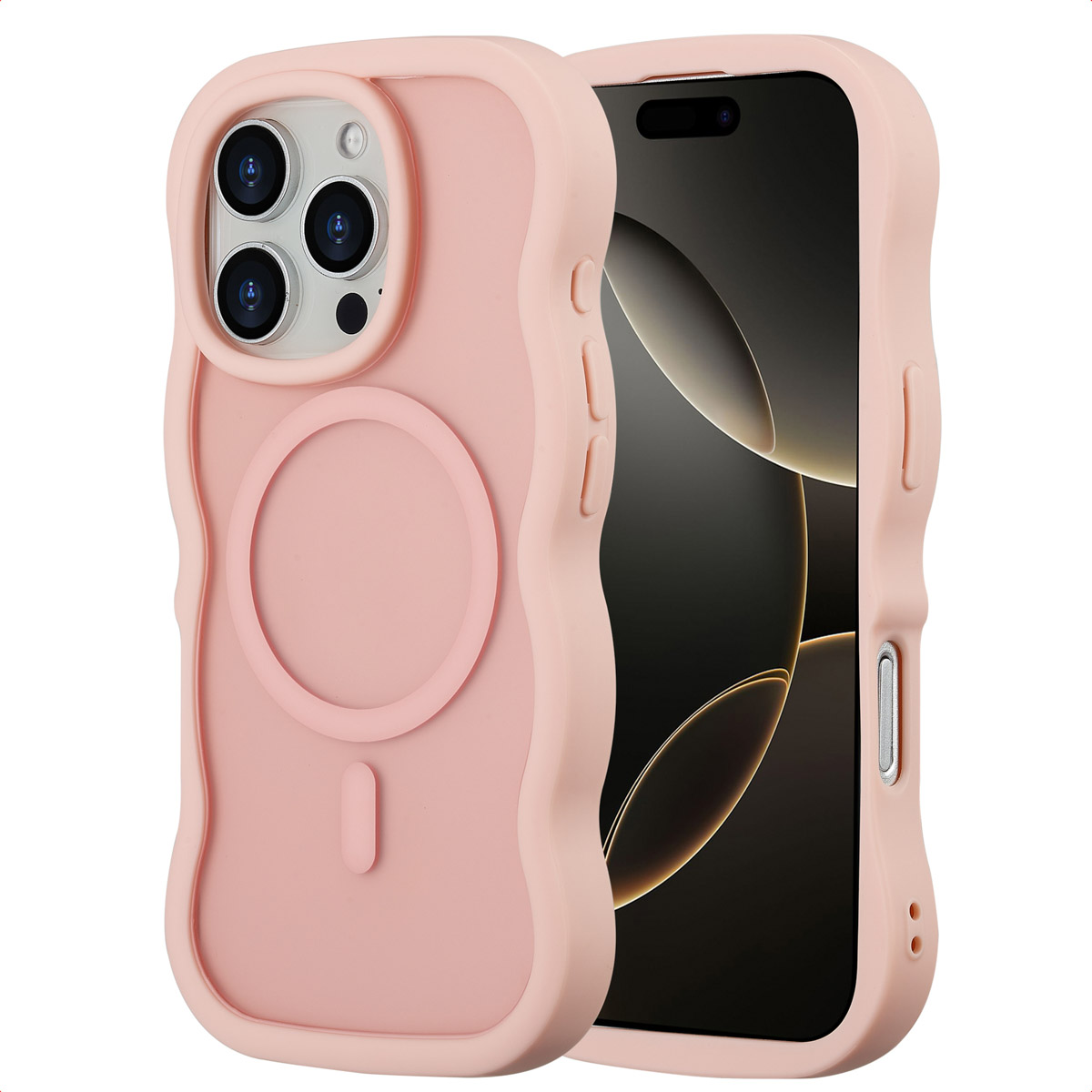 Une coque de téléphone rose avec un téléphone à l'intérieur. L'étui a un design ondulé et une découpe circulaire. L'écran du téléphone est noir.