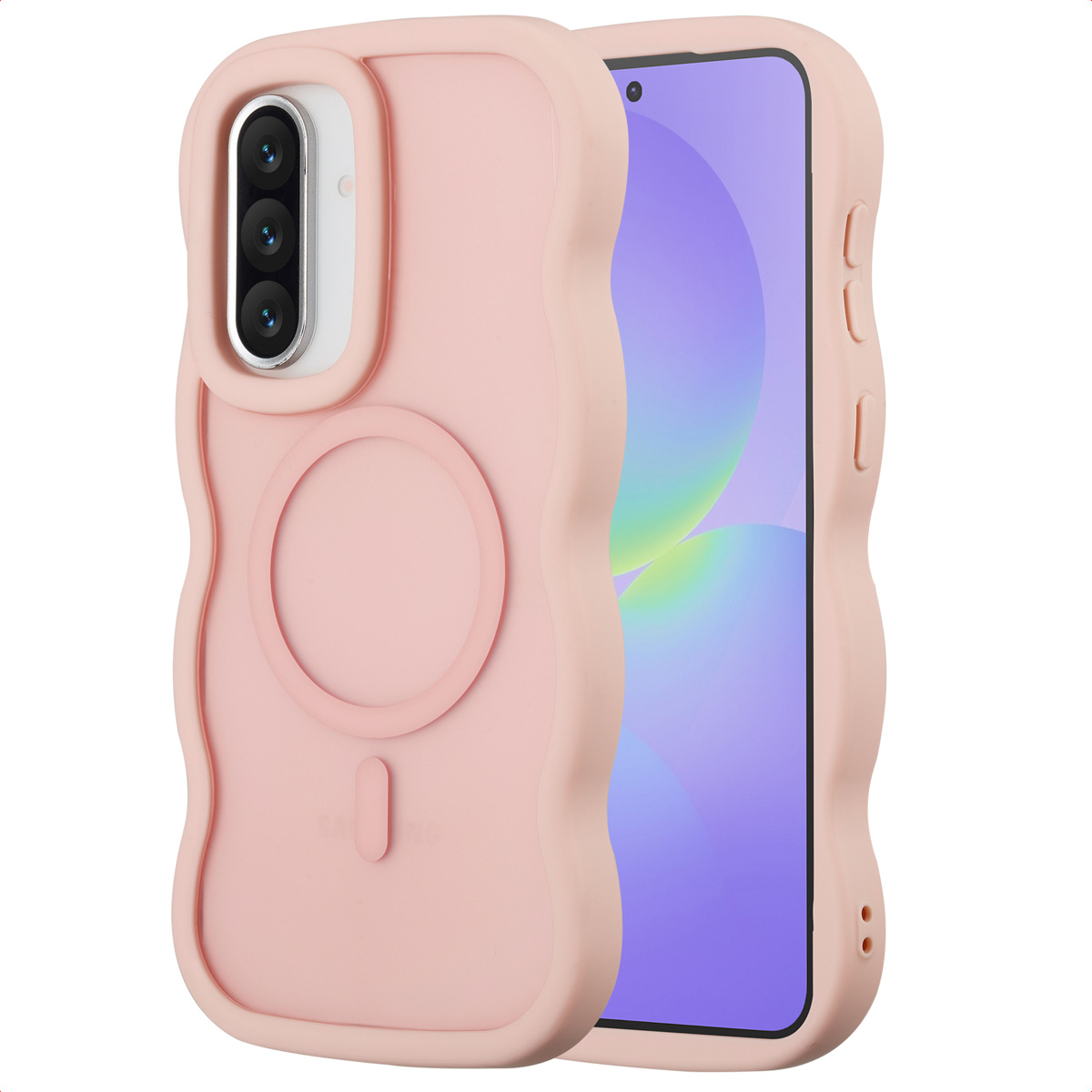 Une coque de téléphone rose avec un design de bord ondulé. L'étui a une découpe pour l'appareil photo et une zone d'attache magnétique circulaire.