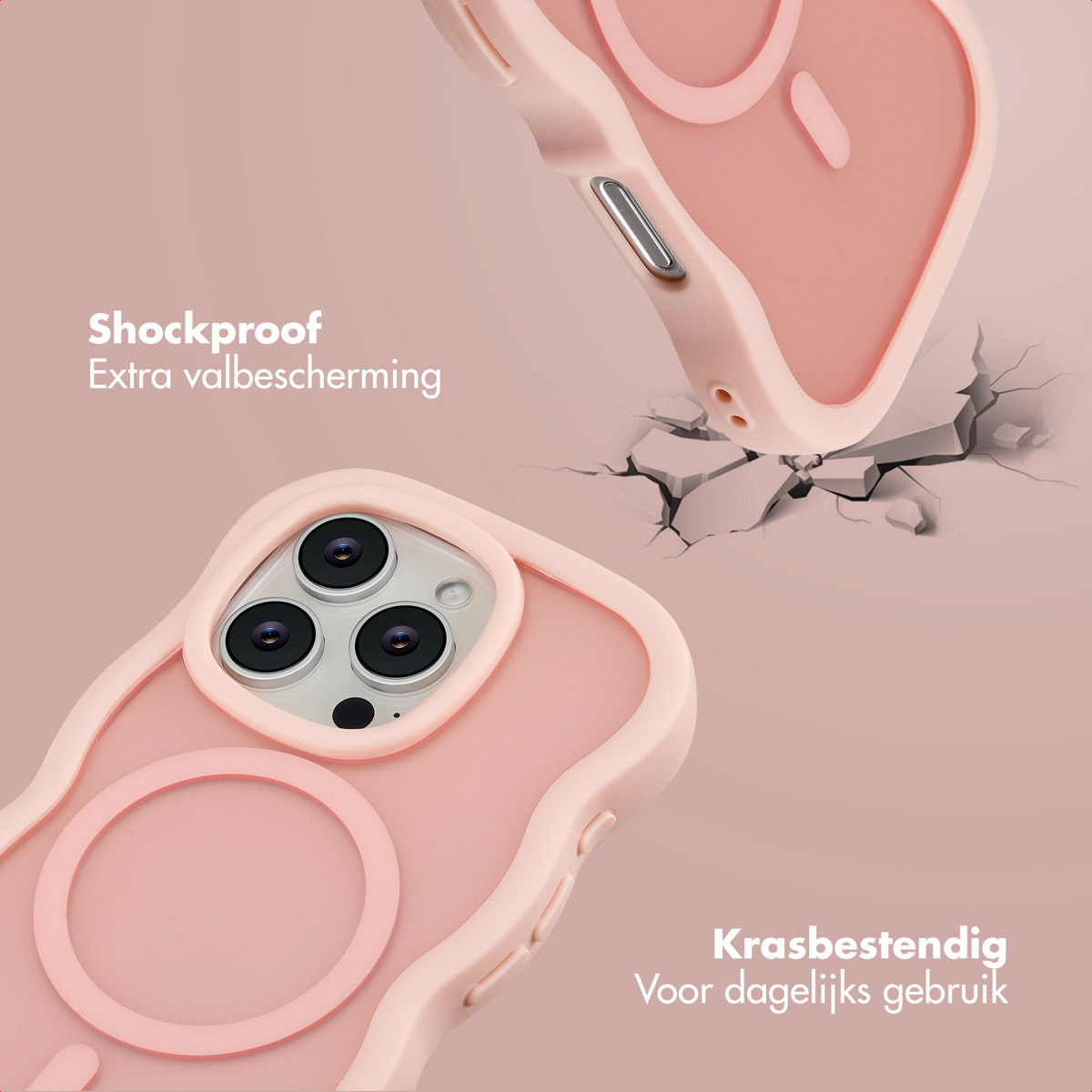 Due custodie rosa per telefono, una che cade e crepa la superficie sottostante. Le custodie hanno ritagli per la fotocamera e aree MagSafe circolari.
