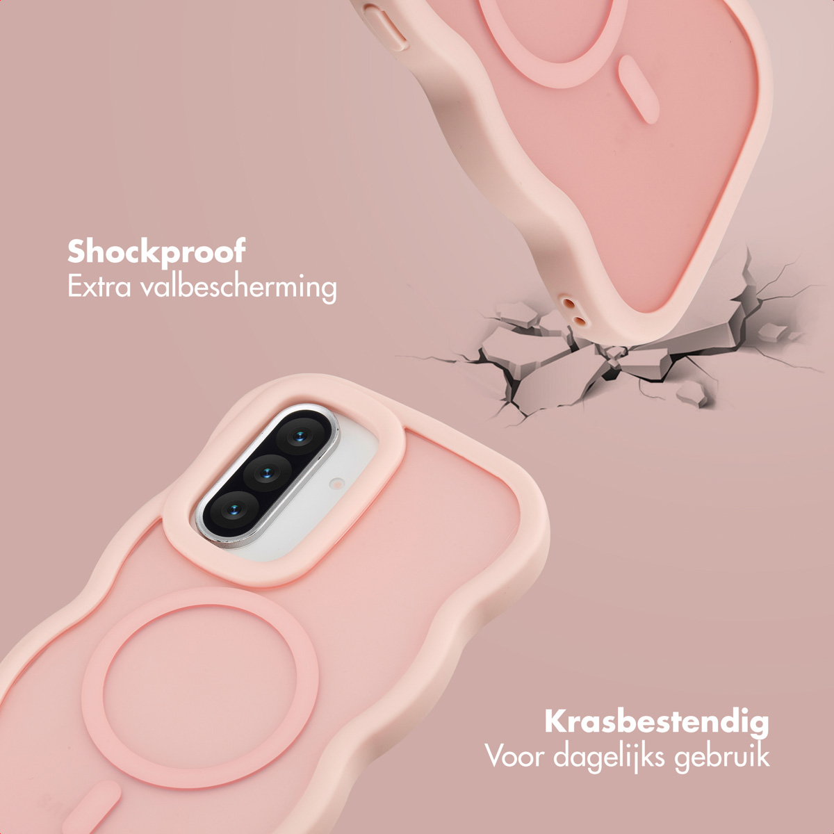 Custodie per telefono rosa, una che cade, una a terra. La custodia che cade incrina una superficie. Testo: 'Antishock' e 'Resistente ai graffi'.