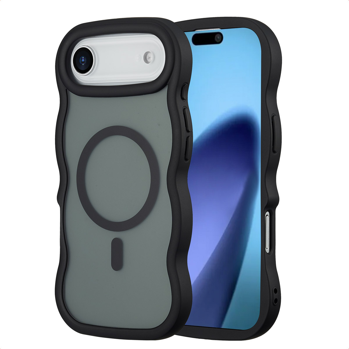 Una custodia nera per telefono con fotocamera, retro grigio e schermo blu.