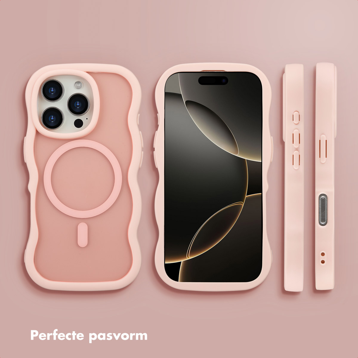 Ensemble d'étuis de téléphone roses, comprenant l'étui, deux pièces latérales et un téléphone. Le tout sur fond rose.