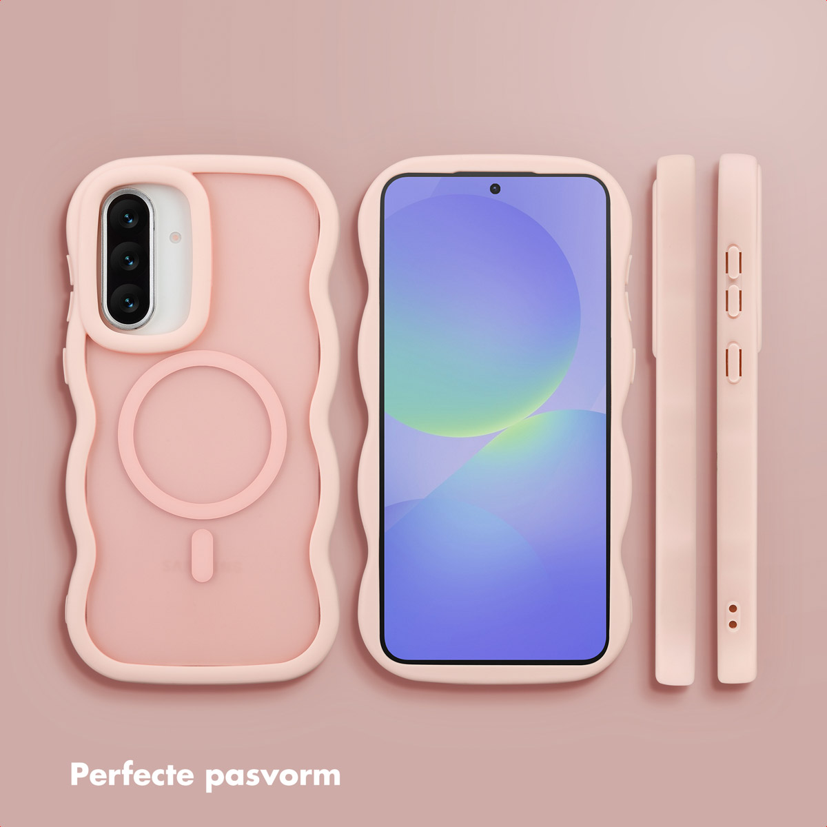 Une coque de téléphone rose clair avec un bord ondulé et un écran de téléphone. Le fond est également rose clair.