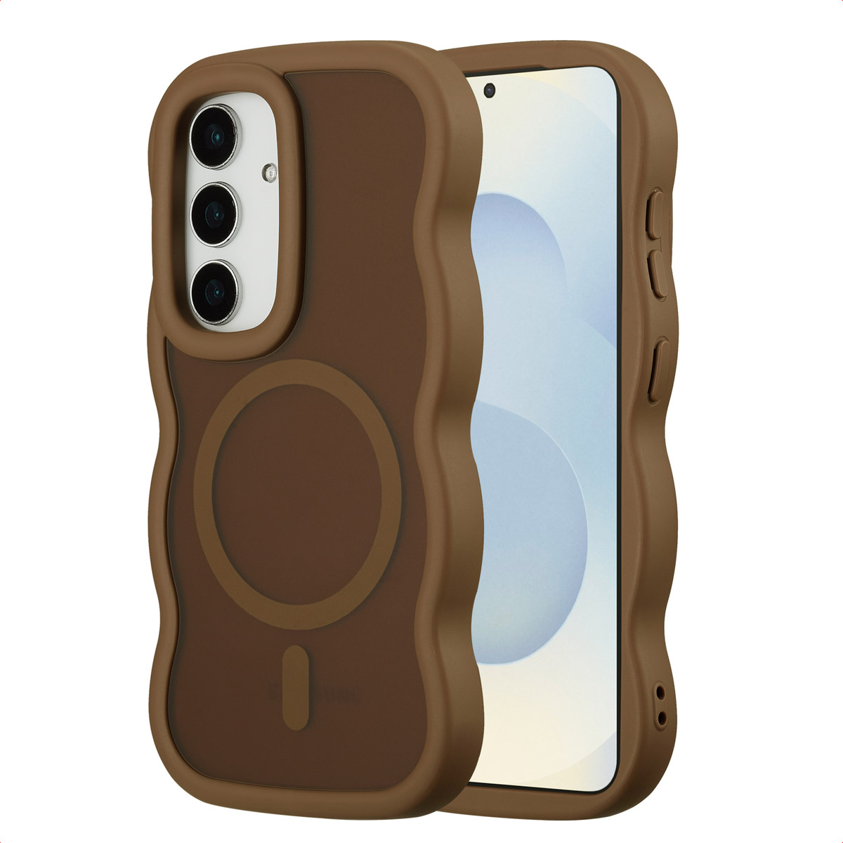 Een bruine telefoonhoes met een golvend ontwerp wordt getoond, die een smartphone beschermt. De hoes heeft een uitsparing voor de camera en een cirkelvormig detail.