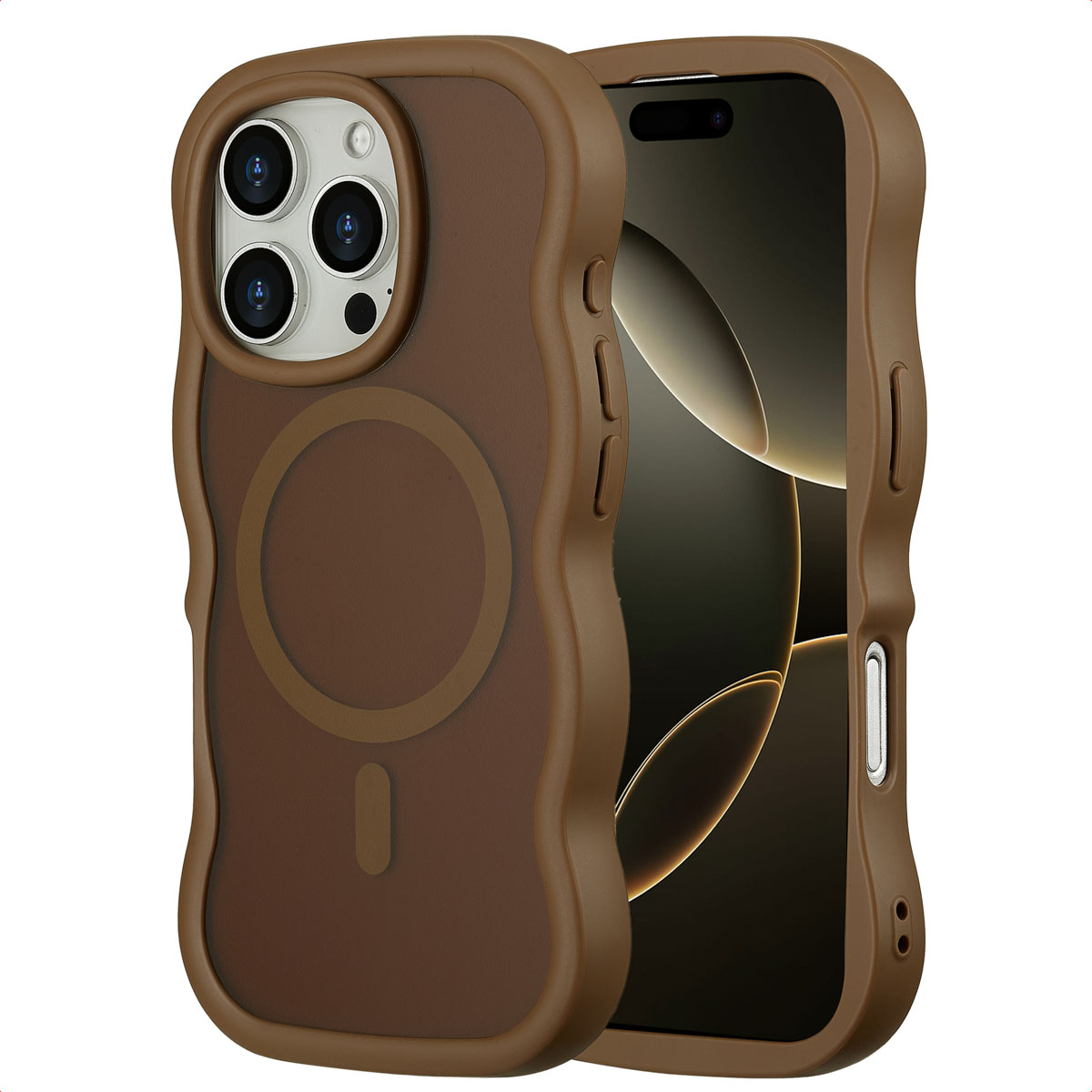 Een bruine telefoonhoes met een telefoon erin, met cameralenzen en een donker scherm. De hoes heeft een golvende rand.