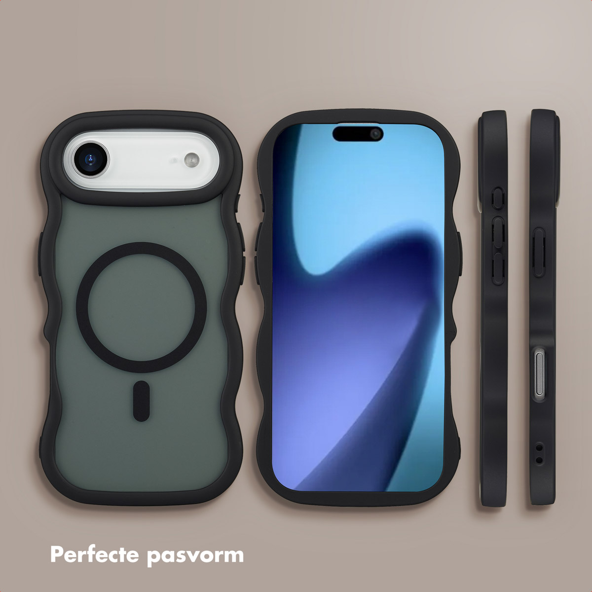 Tre custodie per telefoni. Una con fotocamera e cerchio. Un'altra con schermo. Due viste laterali. Tutto nero con design a onda.