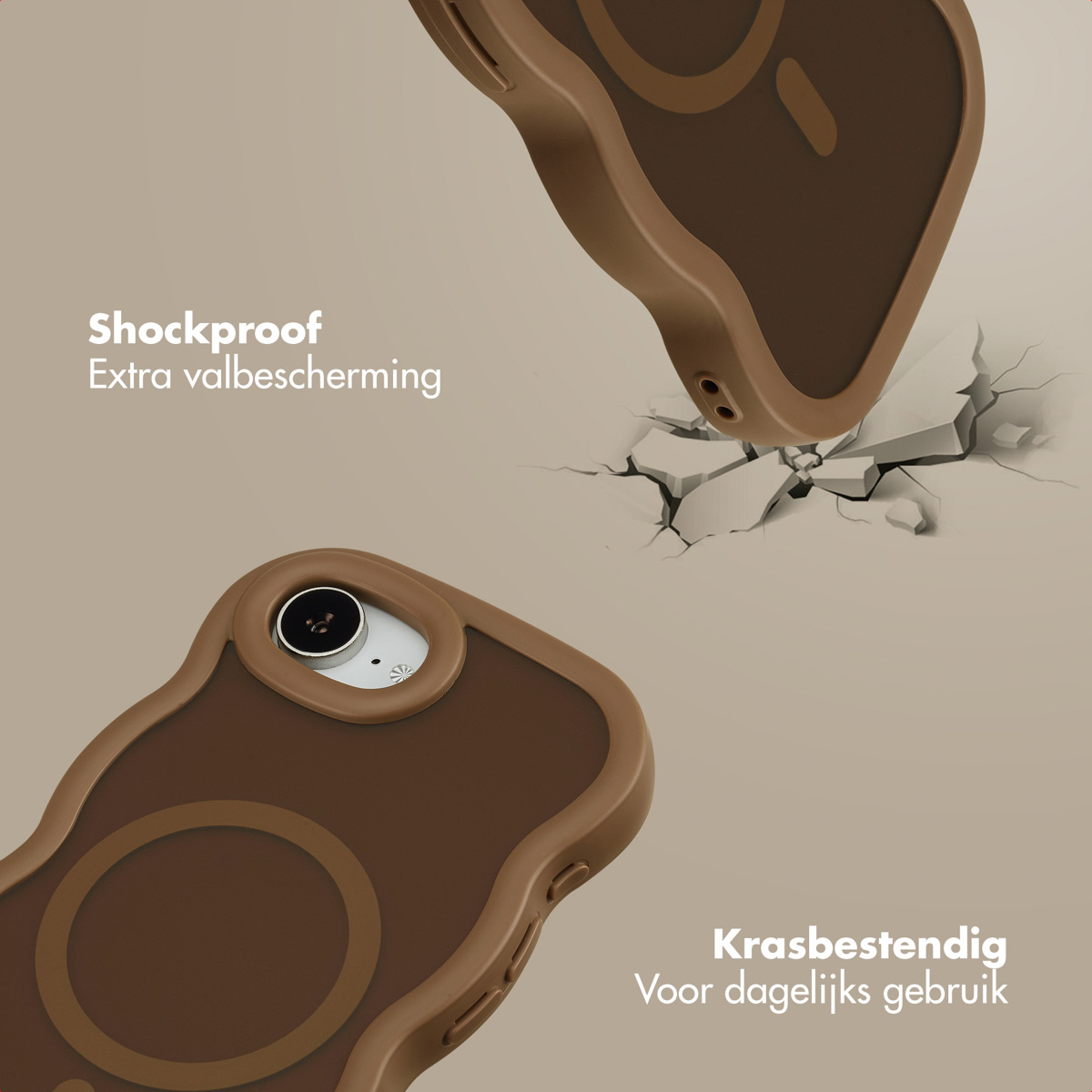 Braune Handyhüllen, eine fällt, eine liegt am Boden. Die fallende Hülle reißt die Oberfläche auf. Text zeigt Stoßfestigkeit und Kratzfestigkeit.