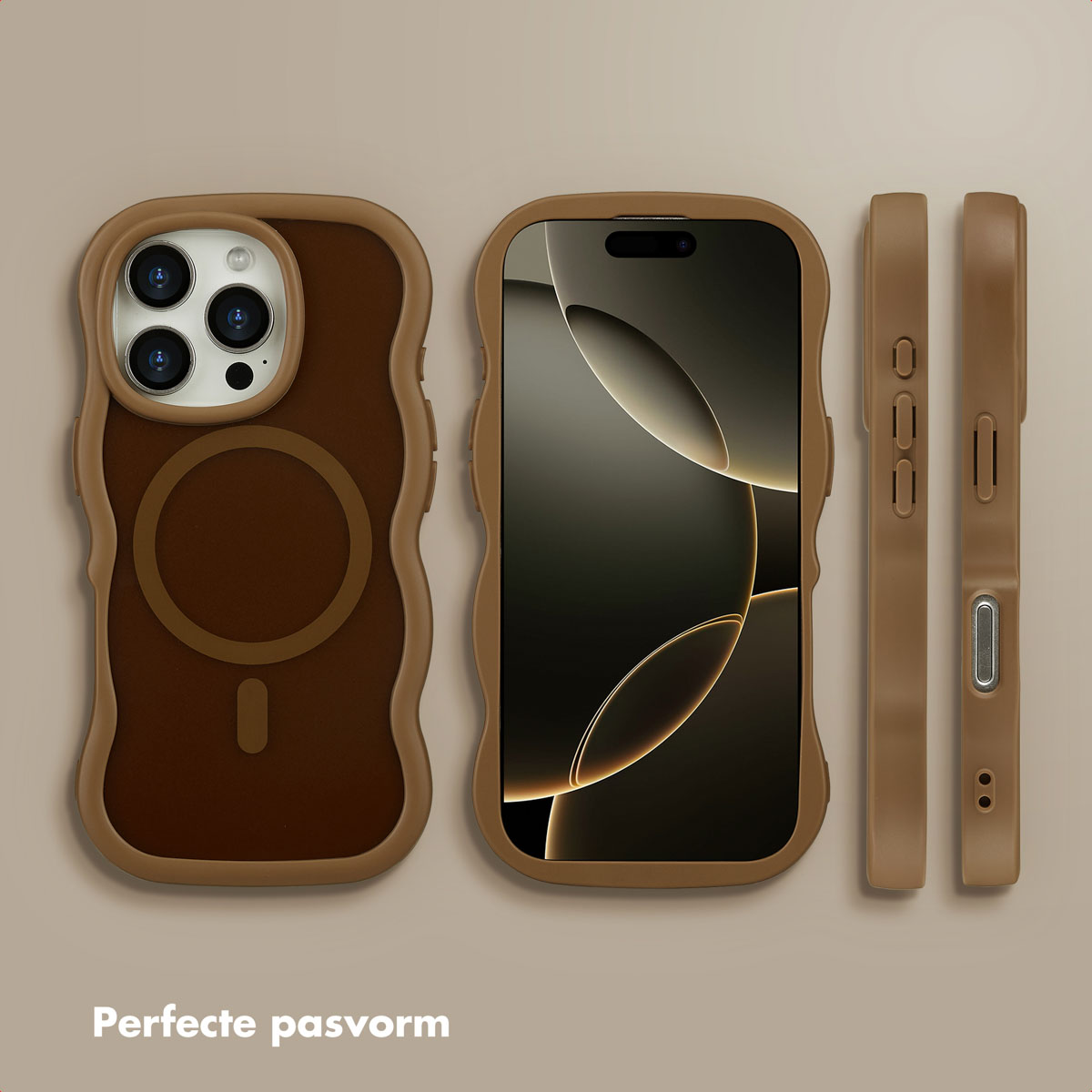 Drie iPhone-hoesjes, bruin en beige, tonen de voor-, achter- en zijaanzichten. De achtergrond is een beige-bruine gradiënt.