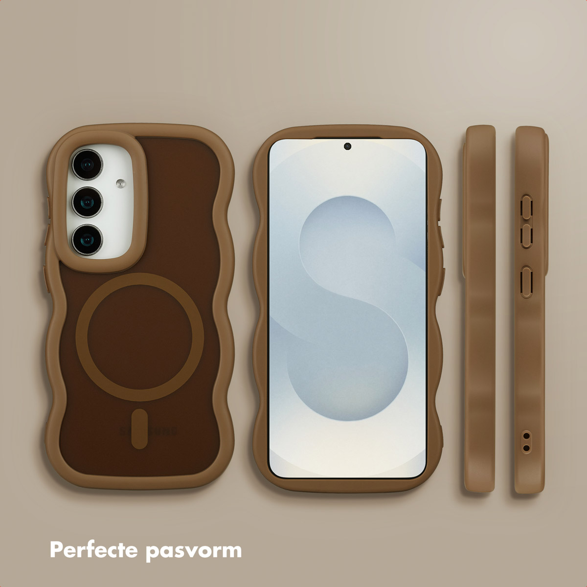 Bruine telefoonhoes met golvende randen, drie camera's en een wit scherm. Zijaanzicht toont knoppen. Tekst 'Perfecte pasvorm'.