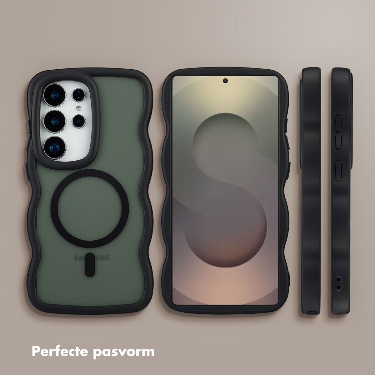 Drie telefoonhoesjes. Twee tonen telefoon gezichten, één met camera, één zonder. Zwarte en groene hoesjes met golvende randen. Tekst: Perfecte pasvorm.