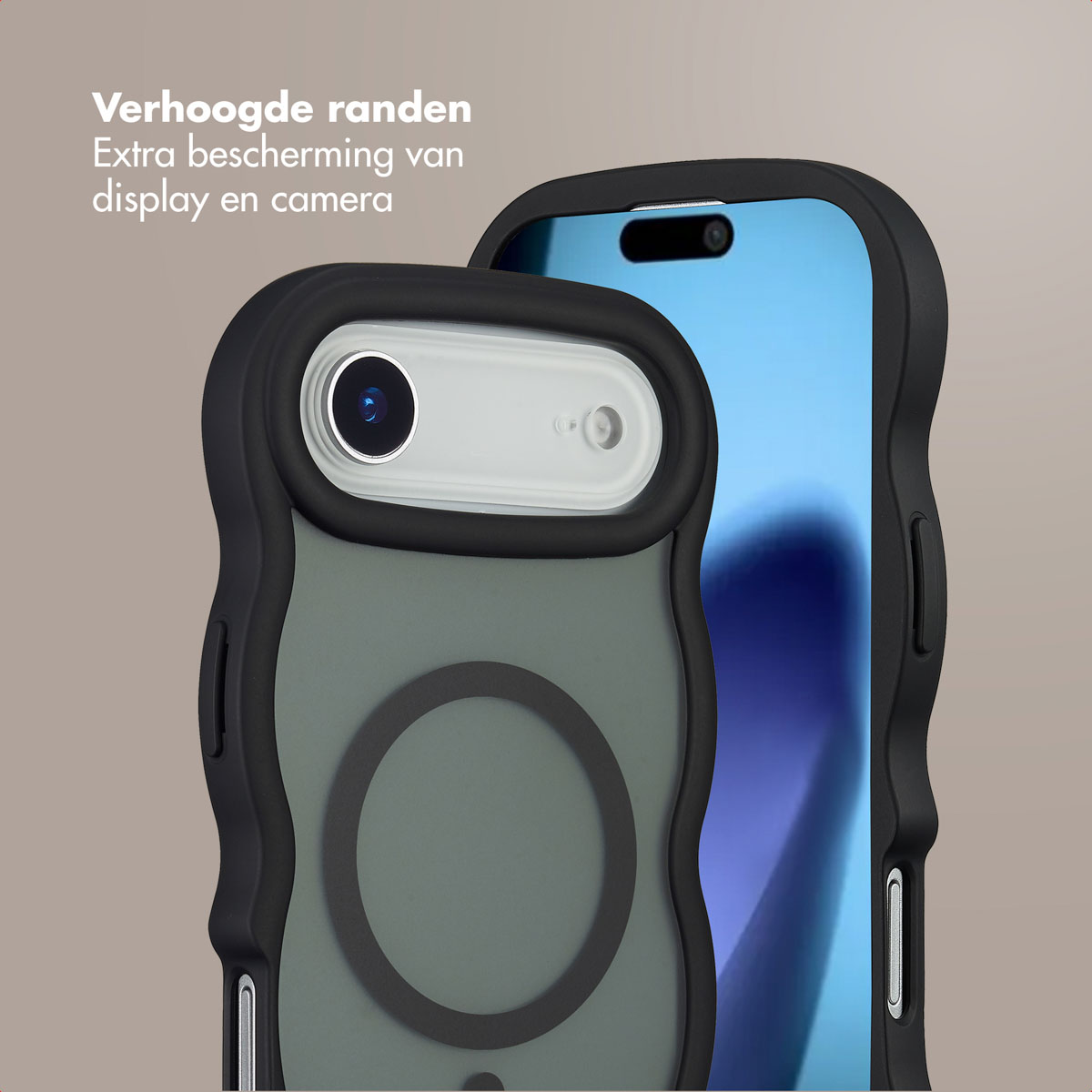 Custodia nera per telefono con bordi rialzati che protegge uno smartphone. Il telefono ha uno schermo blu e una fotocamera.