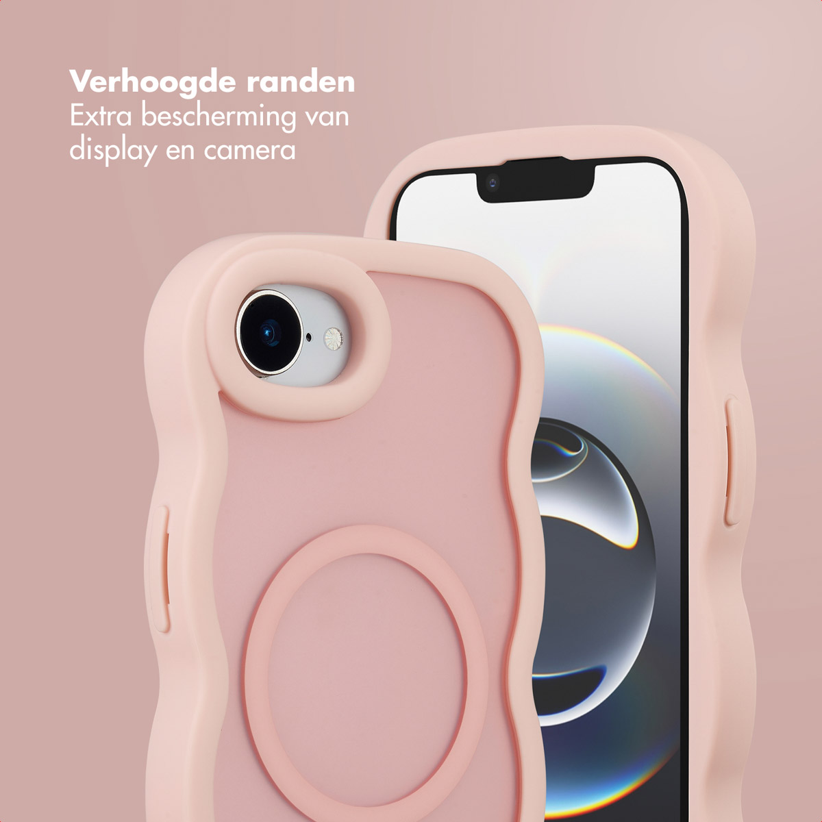 Gezeigt wird eine rosa Handyhülle mit einem Telefon darin. Die Hülle hat erhöhte Ränder zum Schutz von Display und Kamera. Text wird angezeigt.