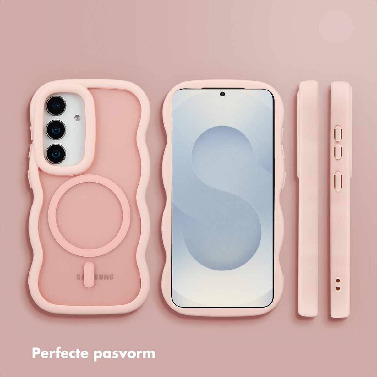 Roze telefoonhoesjesset, inclusief voor-, achter- en zijaanzichten. De hoes heeft een golvend randontwerp en een cirkelvormige magneet.