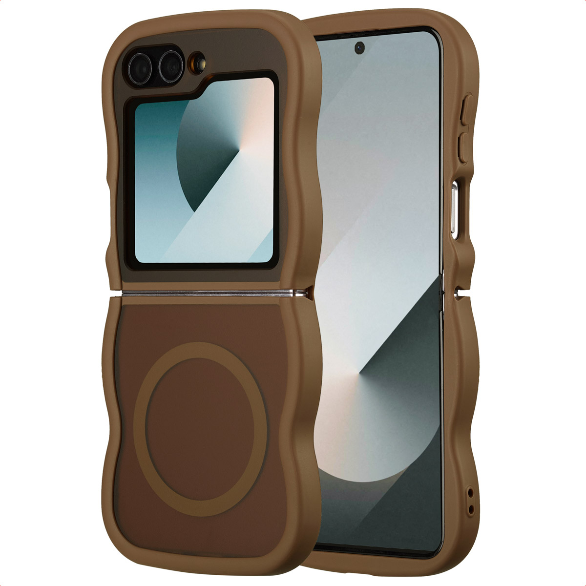 Bruine telefoonhoes met een gebogen ontwerp. Het heeft een scherm en een cameramodule. De hoes is open en toont het scherm.