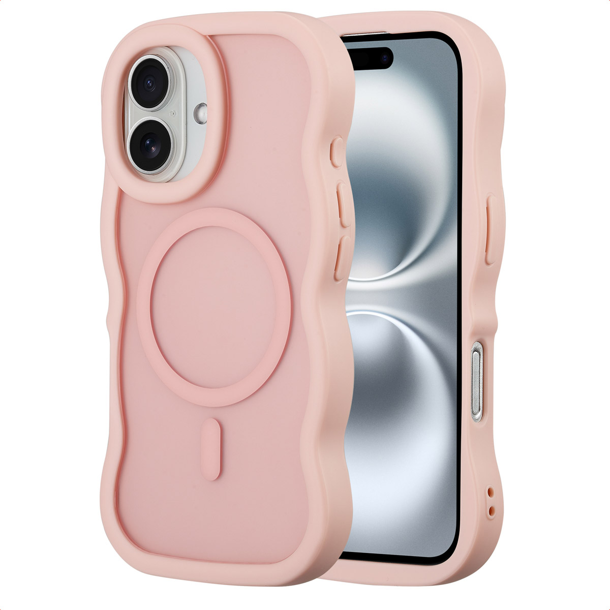 È mostrata una custodia rosa per telefono, con il telefono all'interno. La custodia ha un bordo ondulato e un design circolare e ovale verticale.
