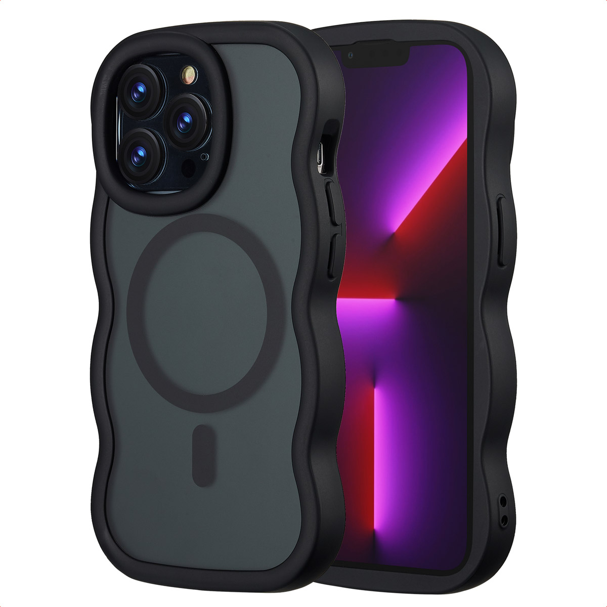 Deux coques noires pour iPhone. Une avec un téléphone à l'intérieur, affichant un écran violet et rouge. Les deux coques ont un design ondulé.
