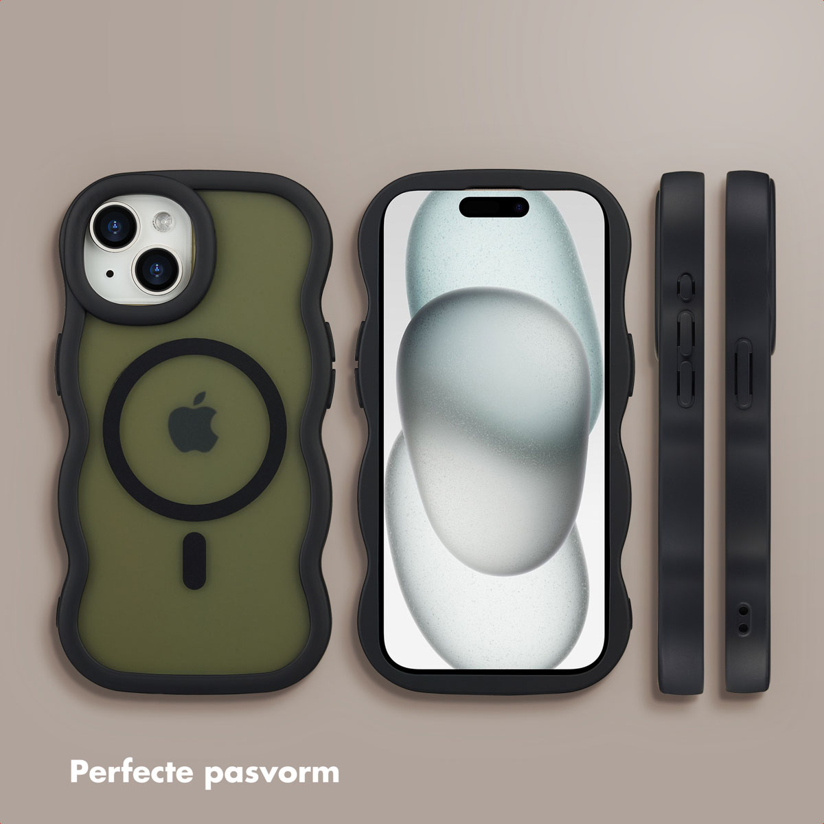 Three phone cases: green and black case, phone with a screen, and two black side cases. Beige background.