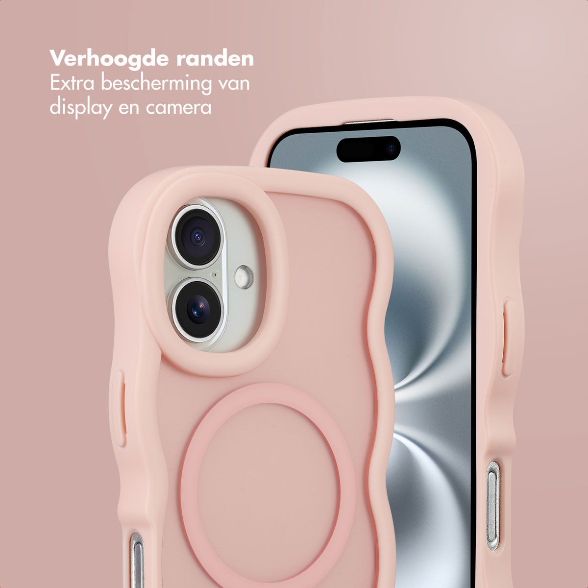 Una custodia rosa con bordi rialzati, protegge il telefono e la fotocamera. Sullo sfondo, una sfumatura rosa chiaro.