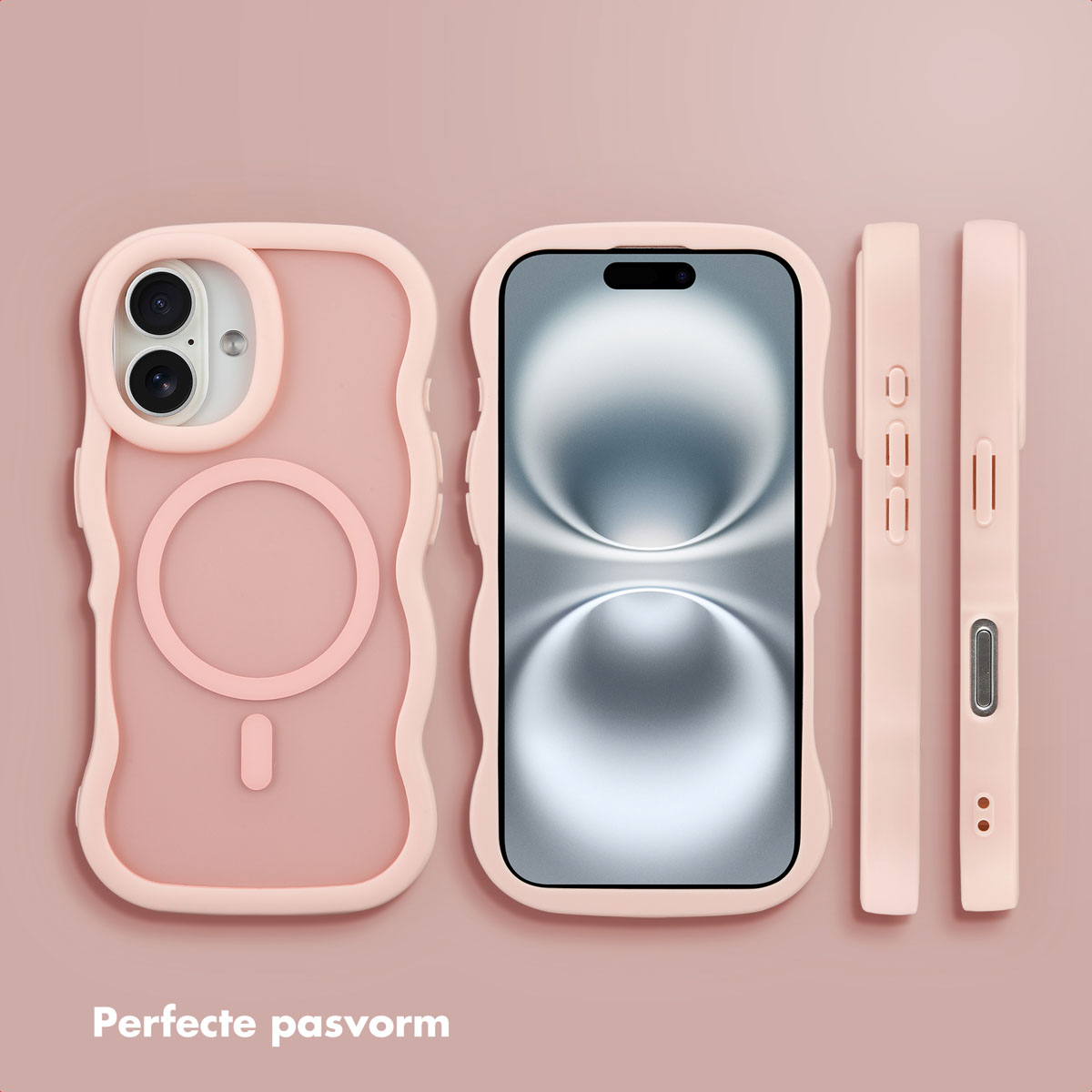 Custodia rosa per telefono con tre parti: vista frontale, posteriore e laterale. Mostra fotocamera, pulsanti e un colore rosa pastello liscio.