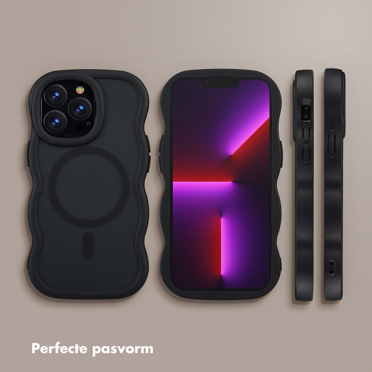 Ensemble d'étuis de téléphone noirs. Comprend des vues avant, arrière et latérales. Affichage d'écran violet et rouge. Le texte en bas dit 'Ajustement parfait'.