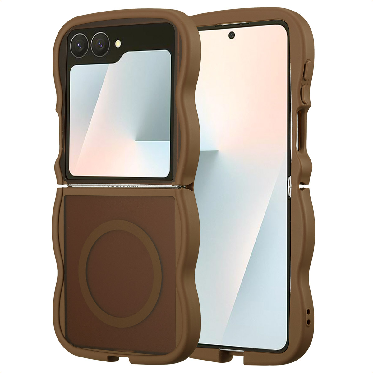 Een bruine flip phone case wordt getoond. De telefoon is gedeeltelijk open, met een zichtbaar scherm. De case is bruin met een cirkel.