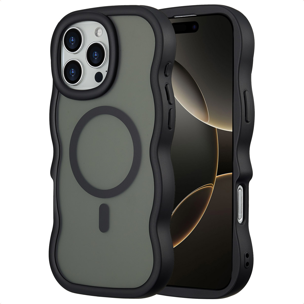 Due custodie nere per telefono, una con un telefono all'interno. Le custodie hanno un design ondulato e sono su sfondo bianco.