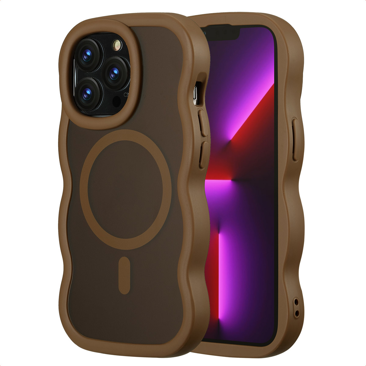 Een bruine telefoonhoes met een telefoon erin. De hoes heeft een golvend ontwerp en een cirkelvormig ontwerp. Het scherm is paars en rood.