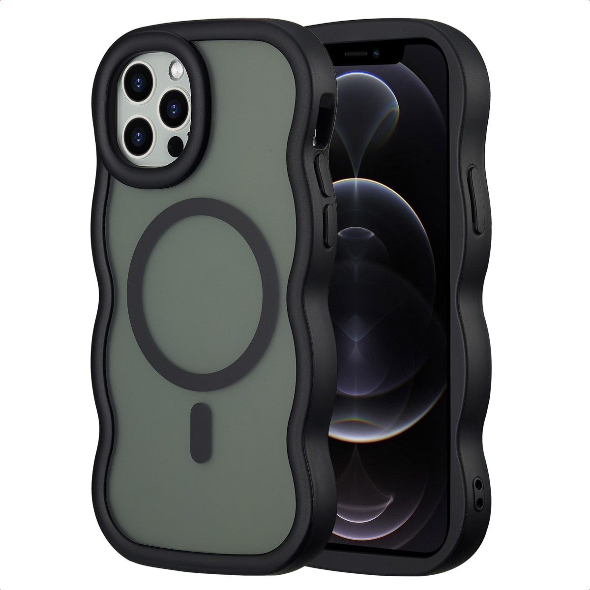 Une coque de téléphone noire et verte avec un iPhone à l'intérieur. La coque a un design de bord ondulé, avec un élément circulaire et une barre verticale.