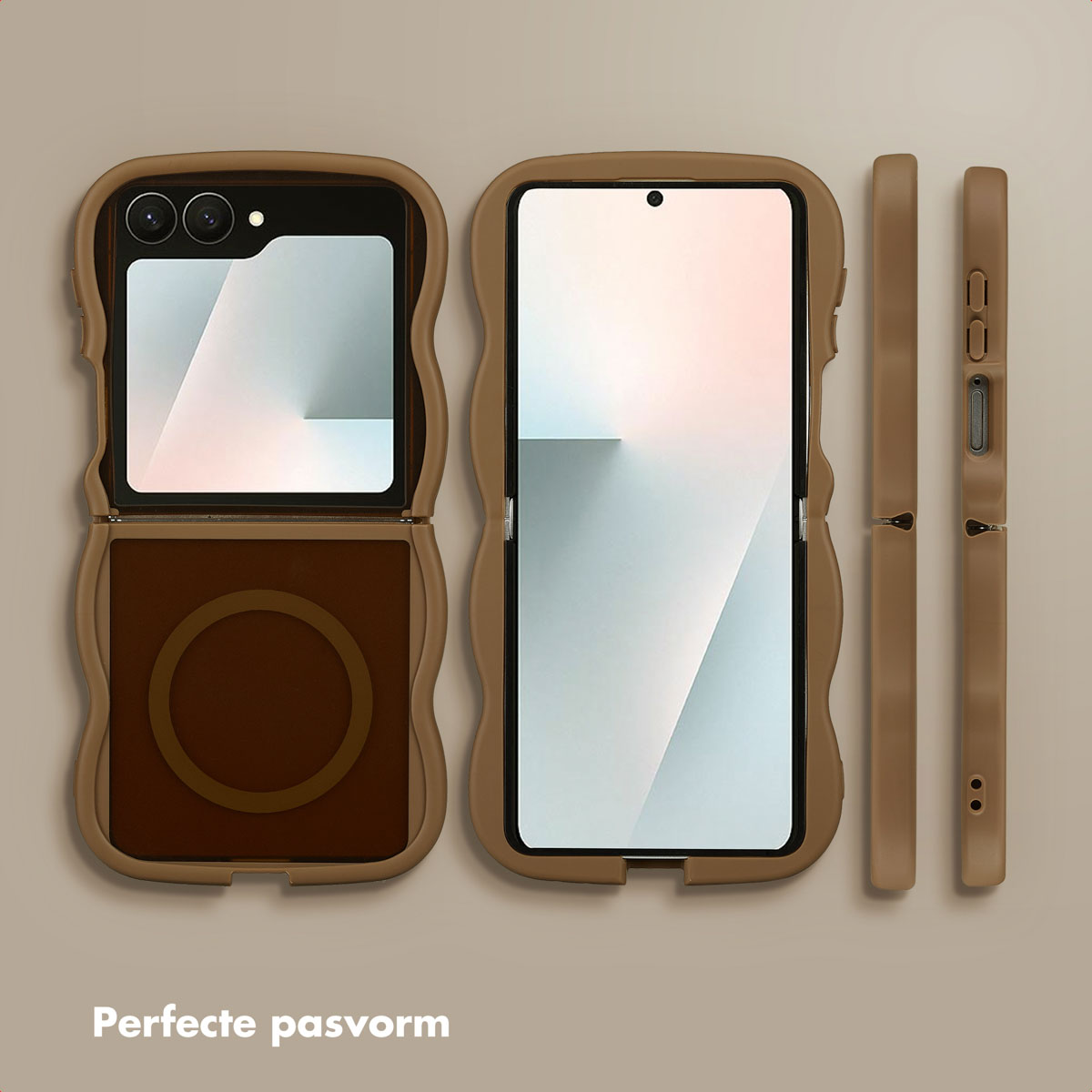 Telefoonhoesje in beige, met drie delen, twee telefoons en één zijkant. Tekst onderaan: 'Perfecte pasvorm'.
