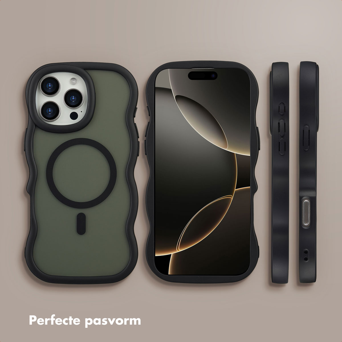 Custodia per telefono verde oliva e iPhone nero. Le custodie sono mostrate con profilo laterale e vista frontale. Lo sfondo è beige.