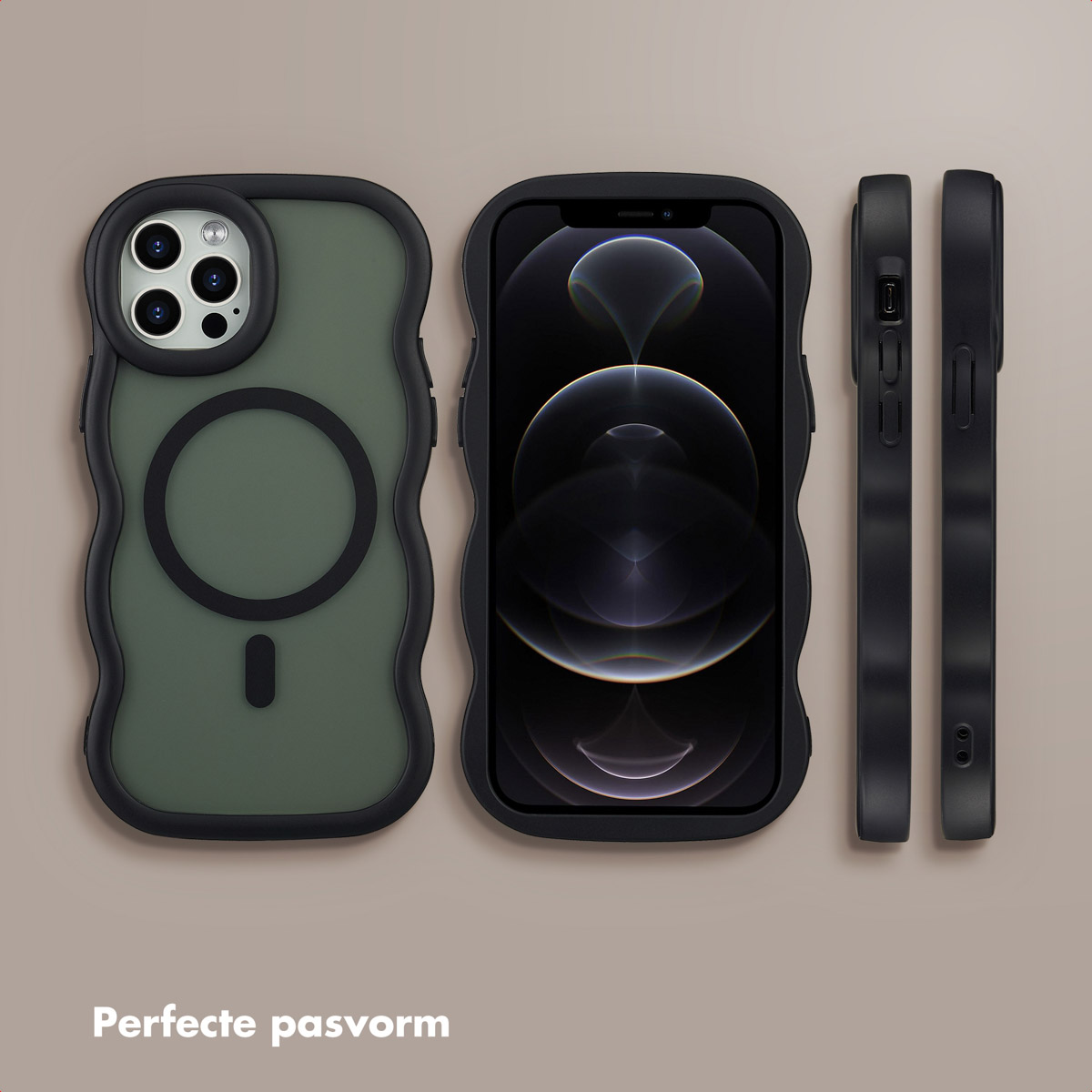 Un iPhone avec une coque verte est affiché avec la coque et deux côtés. La coque est noire avec une forme d'onde et le texte est "Ajustement parfait".