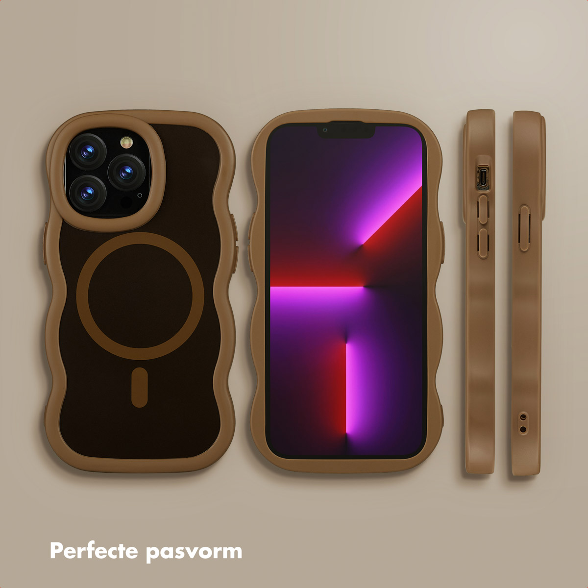 Drie telefoonhoesjes: voor-, achter- en zijaanzicht. De hoesjes zijn bruin en donkerbruin en staan op een lichtbruine achtergrond.
