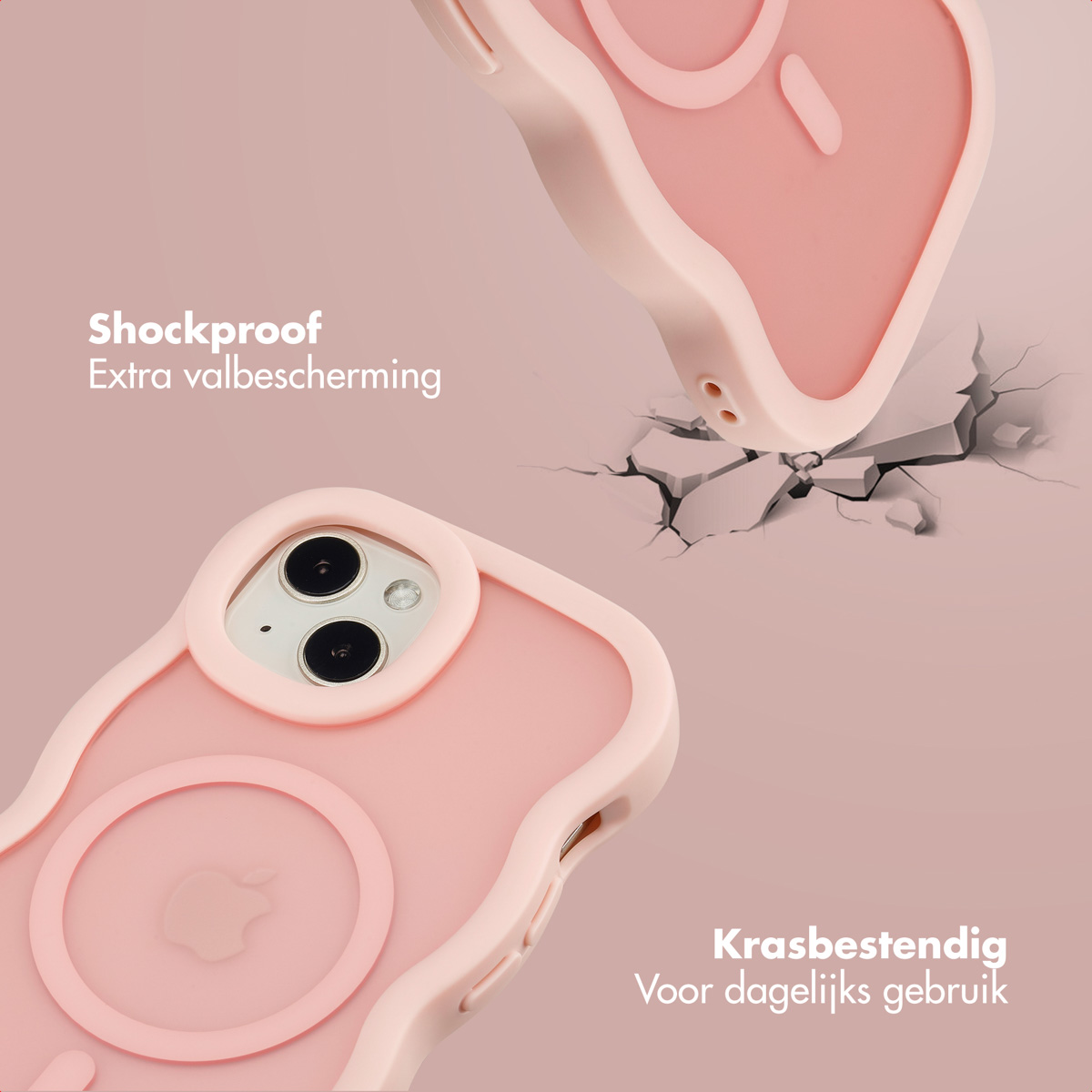 Custodia rosa per telefono con logo Apple, in caduta, impatto. Appaiono crepe sulla superficie. Testo: Antigraffio, resistente.