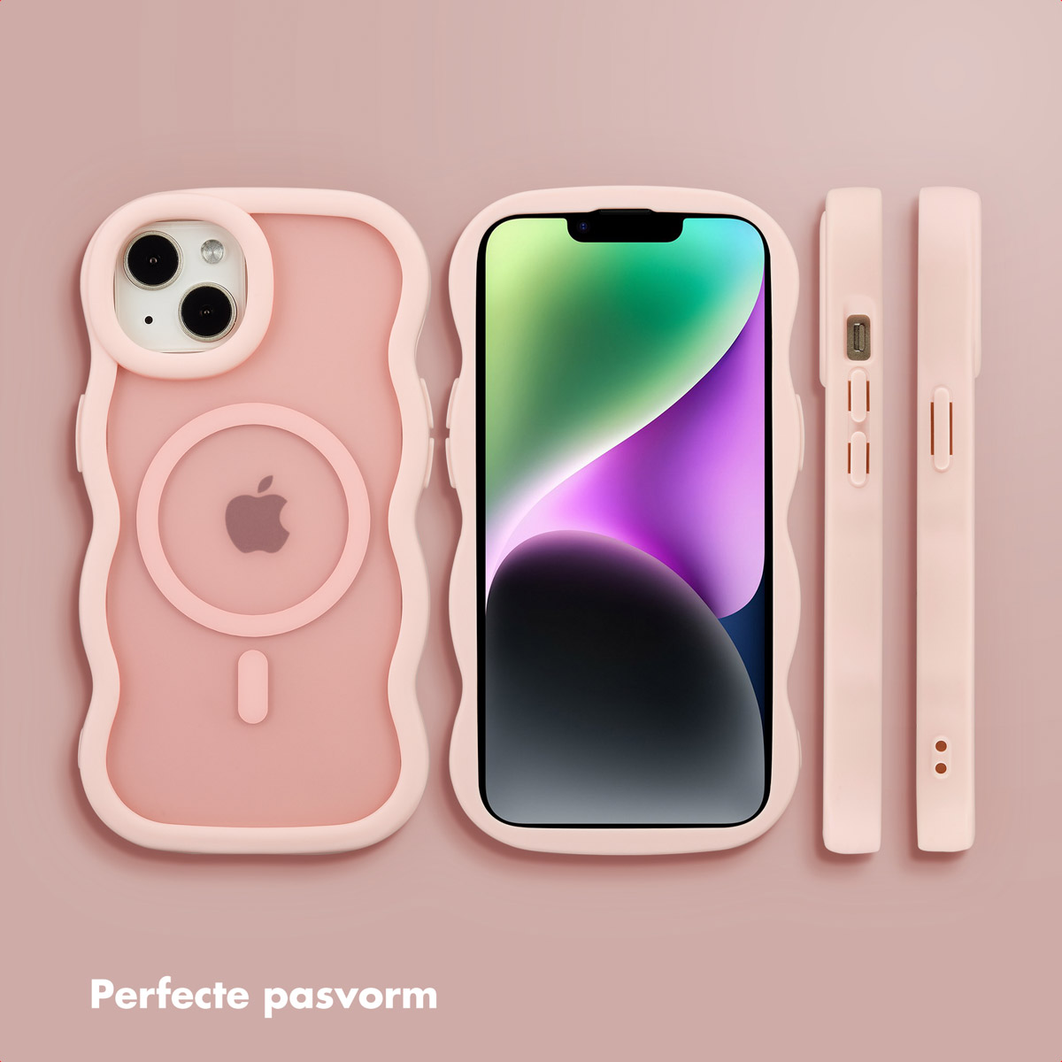Roze telefoonhoesje, telefoon en hoesonderdelen op roze achtergrond. De telefoon zit in de hoes. De hoes heeft golvende randen en een cirkel.