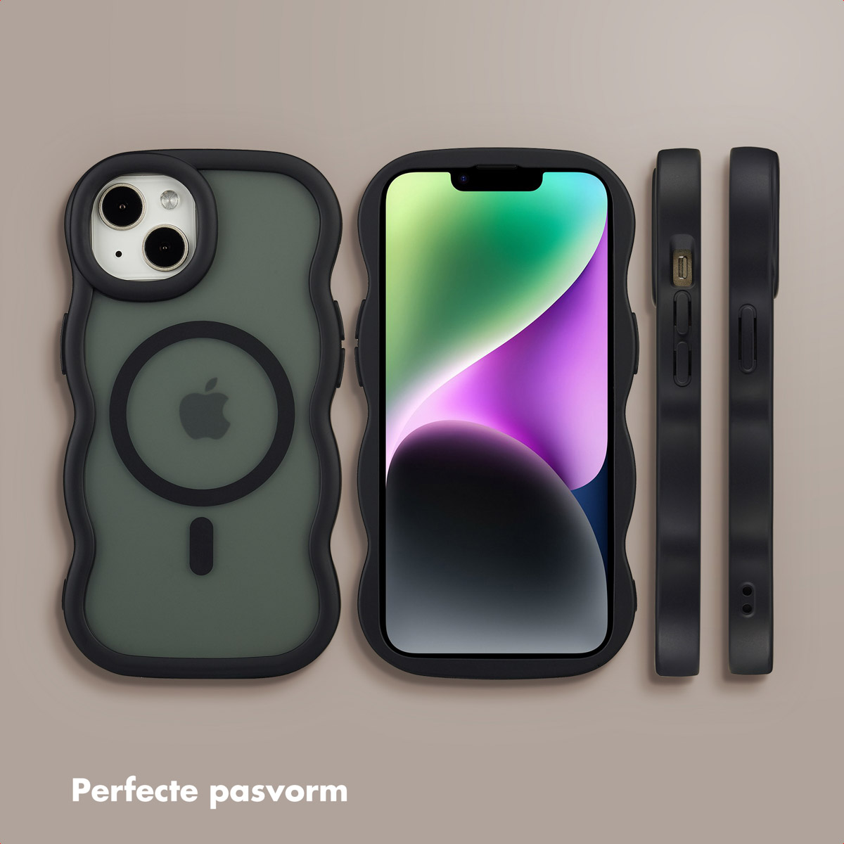 Een iPhone met groene hoes, zwarte rand en twee zijaanzichten, op een lichtbruine achtergrond. Tekst 'Perfecte pasvorm' onderaan.