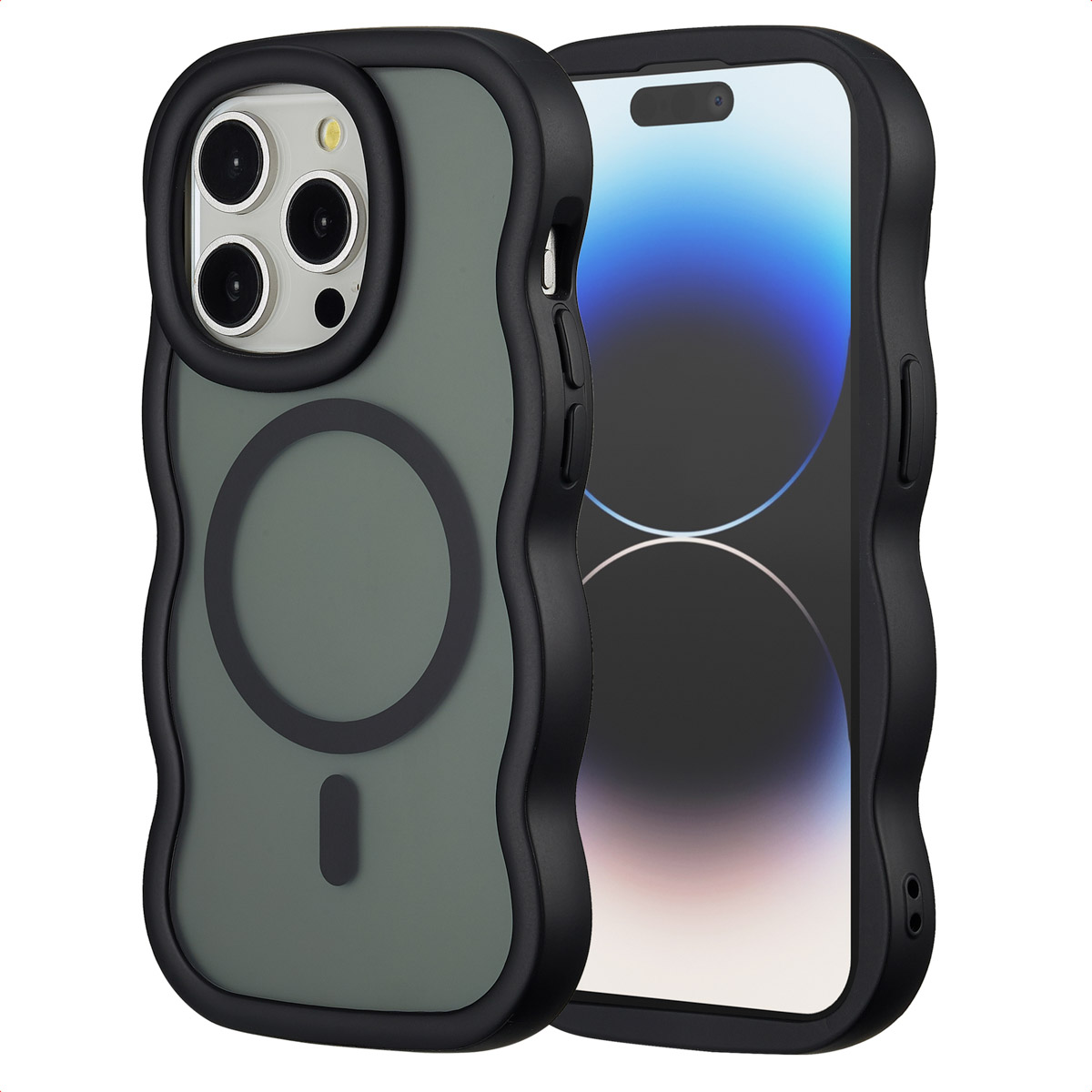 Een iPhone in een beschermhoesje. De hoes is zwart met een golvend ontwerp. Het telefoonscherm is zichtbaar, met een blauwe en witte achtergrond.