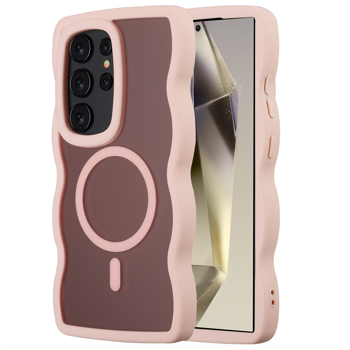 Een roze telefoonhoesje met een golvende rand. Het heeft een donkerbruine achterkant met een cirkel en een rechthoek. Een telefoonscherm is zichtbaar.