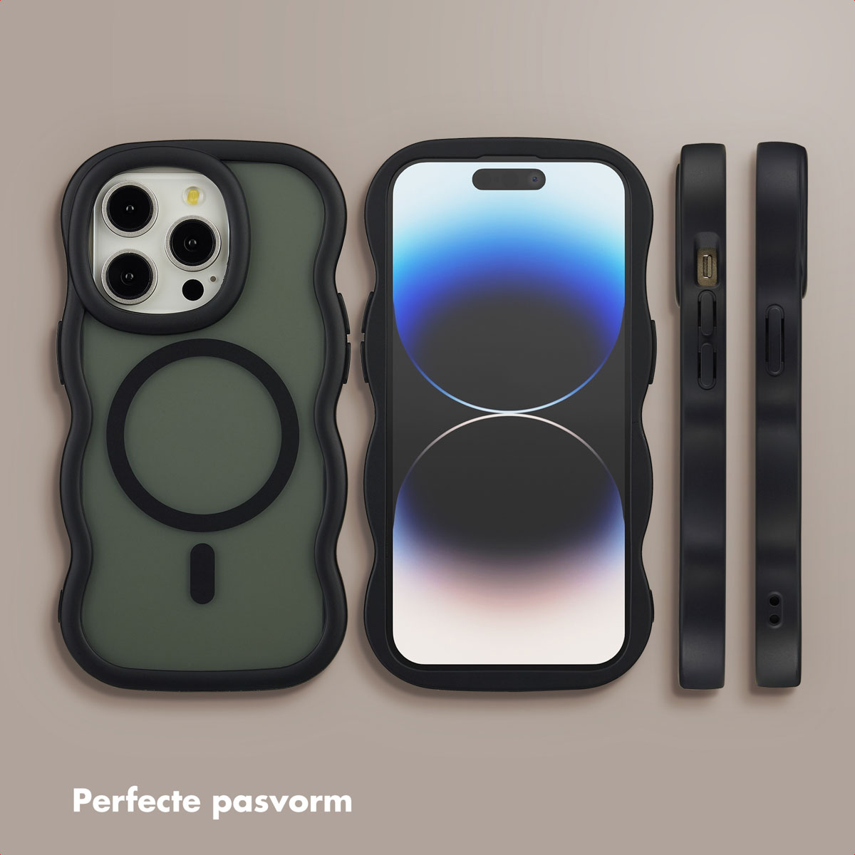 Drie iPhones met beschermhoesjes. Hoesjes in zwart en olijfgroen. Schermen tonen apps. Tekst onderaan: 'Perfecte pasvorm'.