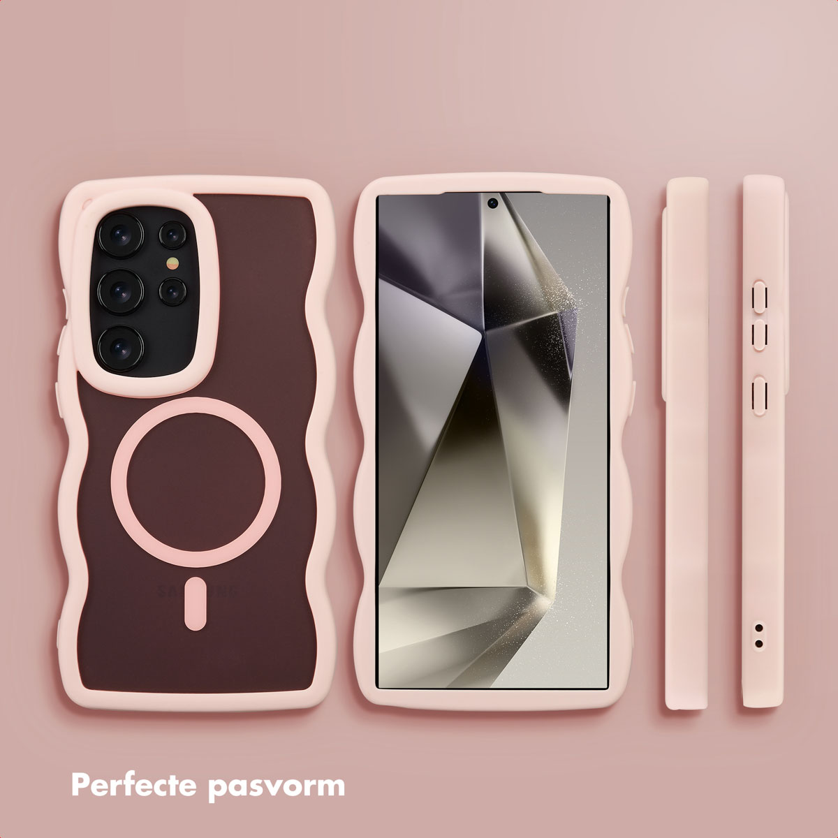 Roze telefoonhoesjes en onderdelen op een roze achtergrond. De hoesjes hebben golvende randen. Eén hoesje heeft camera's. Het scherm is zichtbaar.