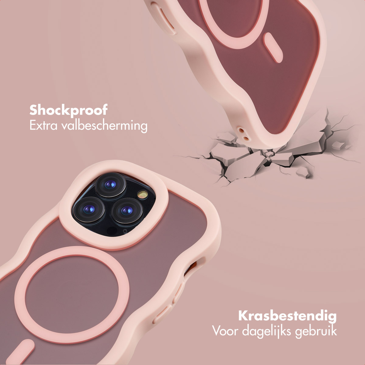 Custodia rosa con un design a onda che cade su una superficie, rompendola. Testo: Antigraffio, Resistente ai graffi.