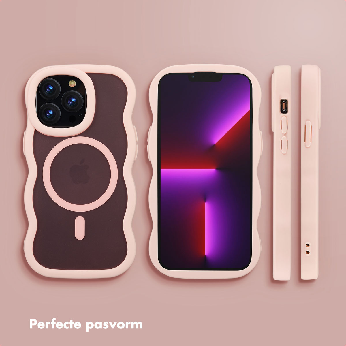 Coque de téléphone rose avec iPhone, design MagSafe et deux côtés sur fond rose. Le texte 'Ajustement parfait' apparaît.