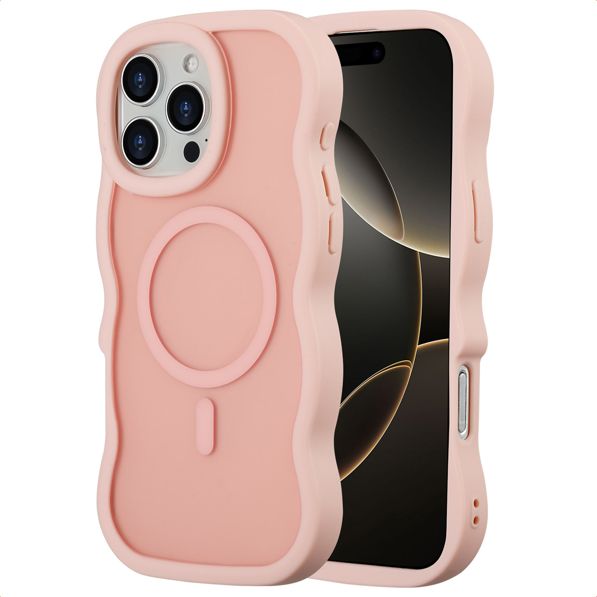 Una custodia rosa per telefono con design ondulato. Ha un ritaglio per la fotocamera e un anello magnetico. Lo schermo è nero.
