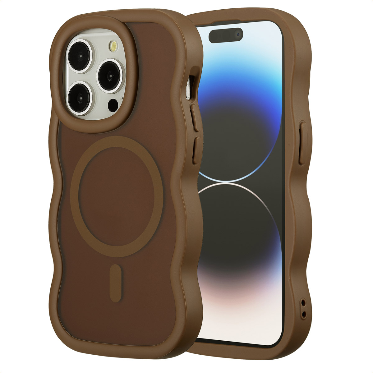 Un étui de téléphone marron avec un bord ondulé est affiché. L'étui est sur un téléphone. Le téléphone a un écran blanc.