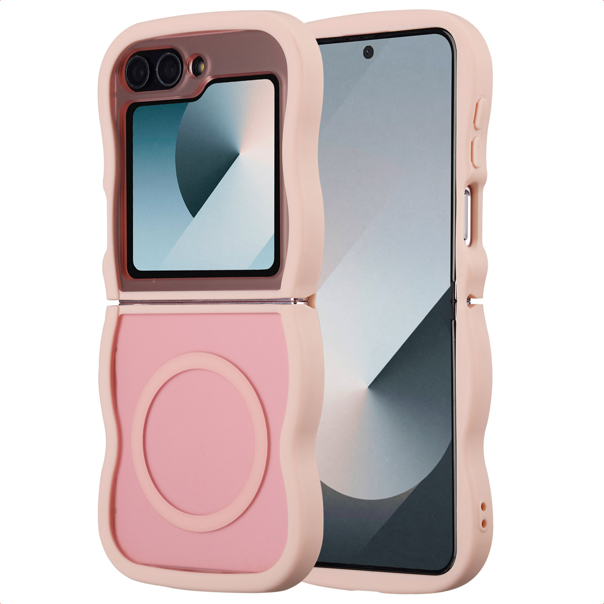 Un étui de téléphone rose, ouvert, montrant un téléphone. L'étui est rose clair avec un intérieur rose plus foncé. L'écran du téléphone est visible.